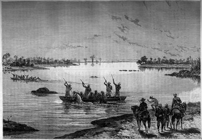 Überquerung des Niger mit dem Boot durch Missionare. Gravur im berühmten Journal „Youth“ von French School