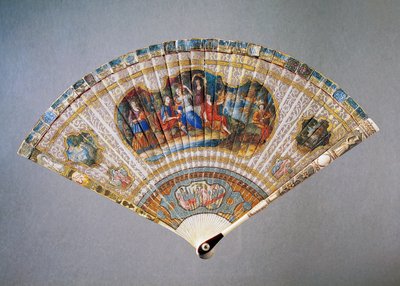 Beschädigter Fächer im Vernis-Martin-Stil, der David und Abigail darstellt, Ziegenleder mit bemaltem Elfenbein und Perlmutt-Schutzstab, Höhe 21 cm von French School