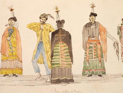 Tanz, einheimisch auf Buru, Molukken, Aquarell von Jules-Louis Lejeune, basierend auf Reise um die Welt von French School