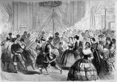 Tanz: das Schlittschuhgitter. Die Tänzer halten ein Band, dessen Ende an einer Maipflanze in der Mitte eines Kreises befestigt ist. Szene beim Ball, gegeben von Graf Walewski im Jahr 1861. Gravur in „Le Monde Illustré“ Nr. 202 vom 23. Februar 1861 von French School