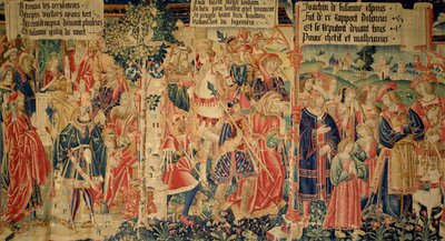 Daniel verhört die Ältesten, die Ältesten werden zur Hinrichtung geführt und Susanna weint auf dem Weg zu ihrem Prozess, rechte Tafel aus der Geschichte von Susanna von French School