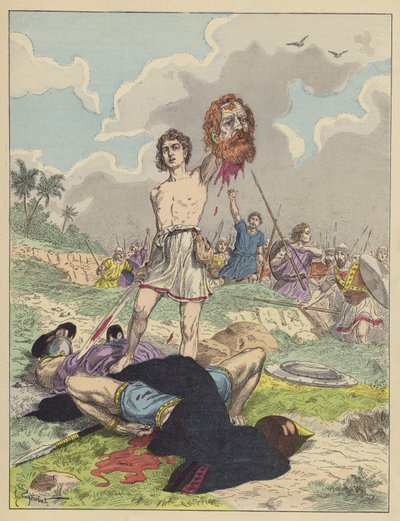 David mit dem Kopf von Goliath (Farblithografie) von French School