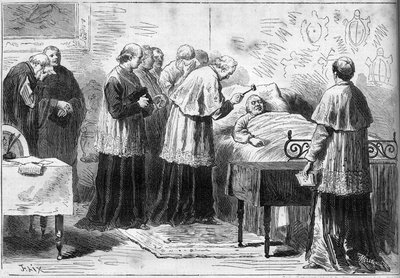 Tod von Papst Pius IX. (Pio) (1792-1878): Ritual der Anerkennung des Todes des Papstes. Ein Kardinal schlägt mit einem silbernen Hammer auf die Stirn des Verstorbenen. Gravur in „Le Monde Illustré“ Nr. 1089 vom 16. Februar 1878 von French School