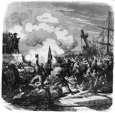 Erklärung der Kontinentalsperre, die durch das Berliner Dekret im November 1806 gegen England eingeleitet wurde, beauftragt von Napoleon I. Bonaparte, der versuchte, das Vereinigte Königreich zu ruinieren, indem er es daran hinderte, mit dem Rest Europas z von French School