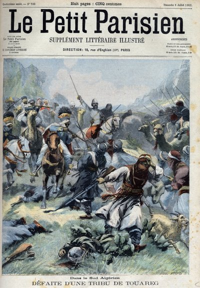 Niederlage eines Tuareg-Stammes gegen die Franzosen im Süden Algeriens, in "Le Petit Parisien" von French School