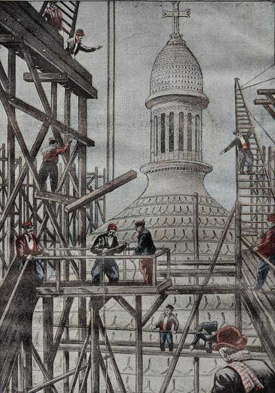 Demonstration des Gerüsts zur Enthüllung des Endes des Baus der Kuppel der Basilika von Montmartre. Gravur in „Le Pelerin“ 17/12/1899 von French School