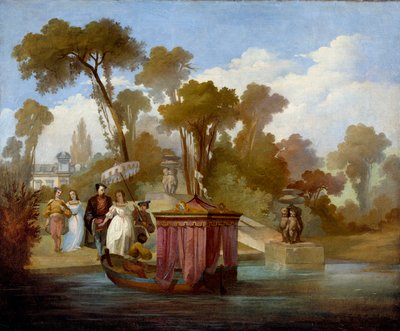 Abfahrt zum Spaziergang (im 16. Jahrhundert). Ein Paar wartet darauf, in ein Boot mit Baldachin zu steigen. Anonymes Gemälde der französischen Schule von French School