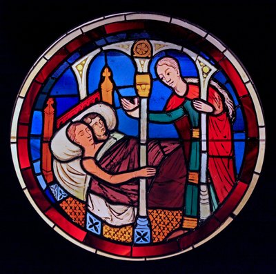 Darstellung eines Dieners, der das Zimmer von Tobias und Sarah betritt, aus der Ste Chapelle, Bay E von French School