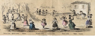 Beschreibung der Hobbys und Spiele von Kindern: Mädchenspiele, Vier-Ecken-Spiel, Seilspringen, Zielrennen, Reifen und Steuer. Tafel „Die Kinderspiele“ in „Les Recreations instructives“. Synoptisches Gemälde von Jules Delbruck, Gravur von 1860. von French School