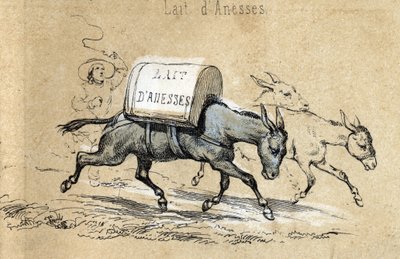 Beschreibung der verschiedenen Produkte und Verwendungen des Esels: Esel tragen Lasten mit Eselsmilch. (Detail) von French School