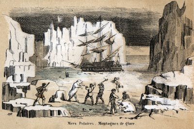 Beschreibung der verschiedenen Landschafts- und Reliefarten nach Geographie: Detail einer arktischen Landschaft mit Eisbären und Eisbergen. Tafel „Physische Geographie“ in „Les Recreations instructives“. Synoptisches Gemälde von Jules Delbruck, Gravur von  von French School