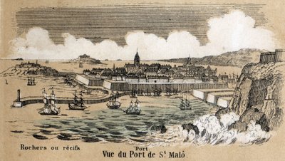 Beschreibung der verschiedenen Landschafts- und Reliefarten nach Geographie: Detail des Hafens von Saint Malo in der Bretagne. Tafel „Physische Geographie“ in „les Recreations instructives“ Synoptisches Gemälde von Jules Delbruck, Gravur von 1860. Private  von French School