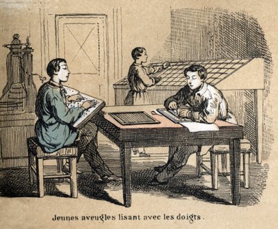 Beschreibung der fünf Sinne: Detail des Tastsinns, junge blinde Jungen ertasten Texte durch das Braille-Alphabet. (Les cinq sens) von French School