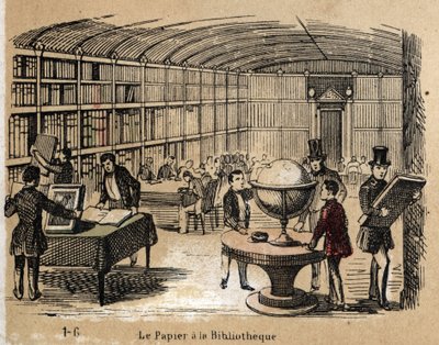 Beschreibung der verschiedenen Produkte und Verwendungen von Papier: Ansicht einer Bibliothek mit Papierwerken. Tafel „Das Papier und seine Produkte“ in „les Recreations instructives“ Synoptisches Gemälde von Jules Delbruck, Gravur von 1860. Private Sammlu von French School