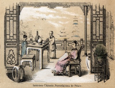 Beschreibung der verschiedenen Herstellungsschritte und Verwendungen von Ton: ein chinesisches Interieur mit Pekinger Porzellan. Tafel „Der Ton und seine Produkte“ in „Les Recreations instructives“. Synoptisches Gemälde von Jules Delbruck, Gravur von 1860. von French School