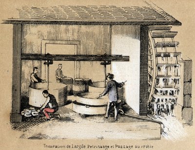 Beschreibung der verschiedenen Herstellungsstufen und Verwendungen von Ton: Zerkleinern, Schälen und Sieben von Ton. Tafel „Der Ton und seine Produkte“ in „Die lehrreichen Erholungen“ Synoptisches Gemälde von Jules Delbruck, Gravur von 1860. Private Sammlu von French School
