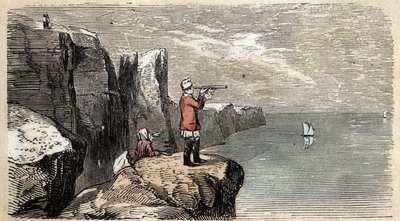 Beschreibung der verschiedenen Herstellungsschritte und Verwendungen von Glas: die Verwendung des Fernrohrs, um die Rückkehr der Seeleute zu beobachten. Tafel „Das Glas und seine Produkte“ in „Les Recreations instructives“. Synoptisches Gemälde von Jules D von French School