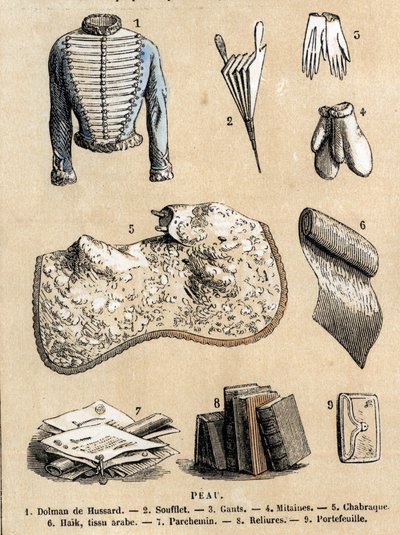 Beschreibung der verschiedenen Verwendungen und Produkte von Schafen: Lederverarbeitung und Darstellung von Produkten aus Schafsleder, Husarenjacke, Blasebalg, Handschuhe, Einbände und Pergament, Brieftasche und Zubehör. Tafel „Die Schafe“ in „Les Recreati von French School