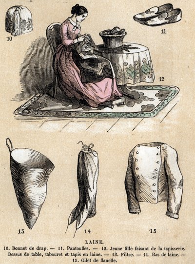 Beschreibung der verschiedenen Verwendungen und Produkte aus Schaf: Wandteppiche und Wollprodukte, Hut, Hausschuhe, Wollstrümpfe, Flanellweste. Tafel „Die Schafe“ in „Les Recreations instructives“, Synoptisches Gemälde von Jules Delbruck, Gravur von 1860.  von French School