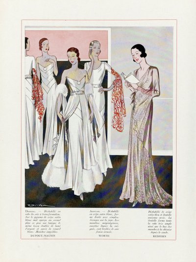 Entwurf für Abendkleider von Depouy-Magnin, Worth und Redfern, veröffentlicht 1931 von French School