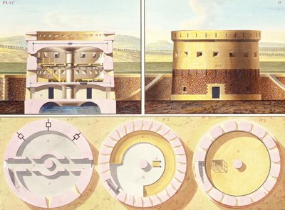 Entwurf für eine Befestigung am Stadtrand von Paris - eine Perspektivansicht, ein Querschnitt und drei Grundrisse des zentralen Turms, ca. 1813 von French School