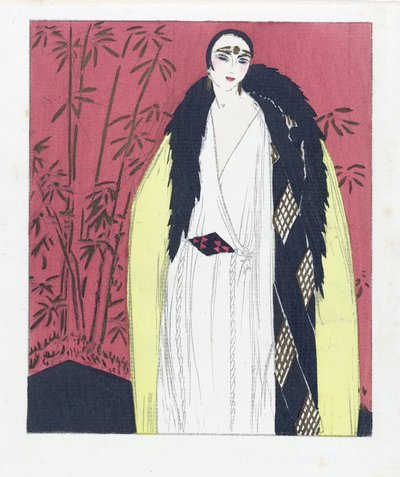 Entwurf für ein Abendkleid mit Pelzbesetztem Umhang, veröffentlicht 1924 von French School
