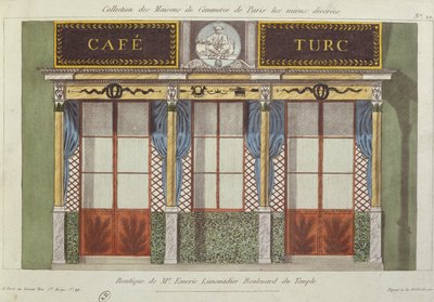 Entwurf für die Fassade des Cafe Turc, aus einer Serie, die die am besten dekorierten Geschäftsgebäude in Paris darstellt, ca. 1810 von French School