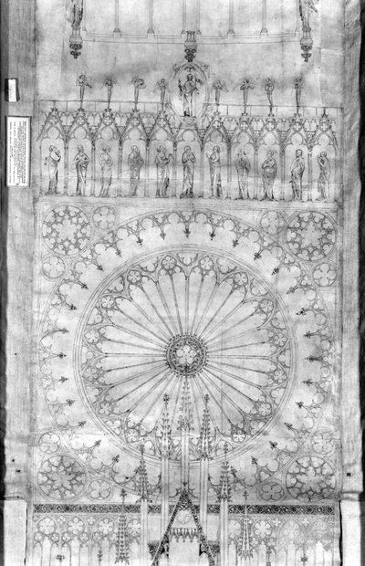 Entwurf für das Rosettenfenster und die Galerie der Könige an der Fassade des Straßburger Münsters, ca. 1380 von French School