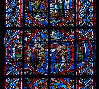 Detail aus einem Fenster, das die Beerdigung darstellt, aus dem Tod und der Himmelfahrt der Jungfrau Maria von French School