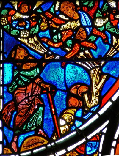 Detail eines Fensters, das das Gleichnis vom barmherzigen Samariter darstellt: Gott erscheint Moses im brennenden Busch (Detail) von French School