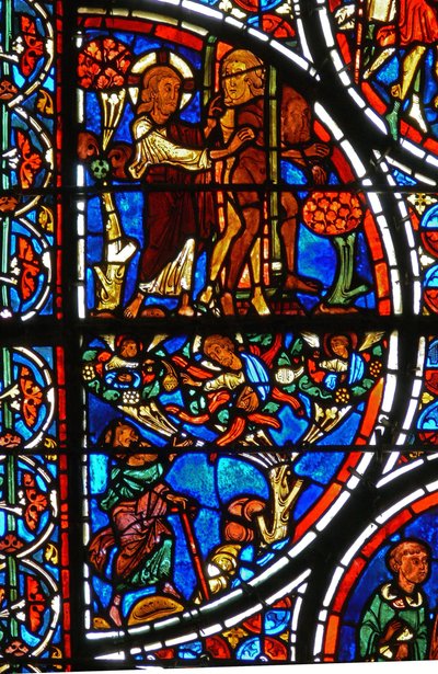 Detail eines Fensters, das das Gleichnis vom barmherzigen Samariter darstellt: Gott vertreibt Adam und Eva aus dem Garten Eden (Detail) von French School