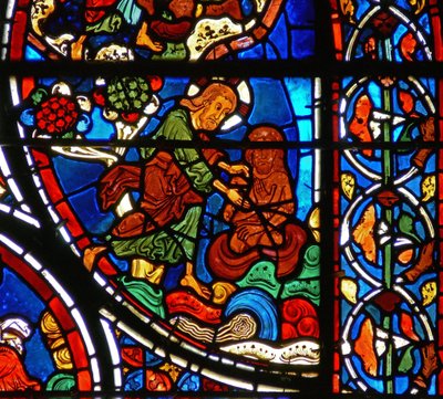 Detail eines Fensters, das das Gleichnis vom barmherzigen Samariter darstellt: Gott erschafft den Menschen aus Ton (Detail) von French School