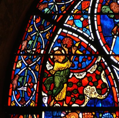 Detail eines Fensters, das das Gleichnis vom barmherzigen Samariter darstellt: Gott erschafft Sonne, Mond und Sterne (Detail) von French School