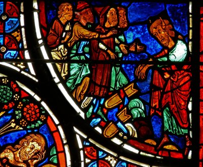 Detail eines Fensters, das das Gleichnis vom barmherzigen Samariter darstellt: Moses wirft die Tafeln nieder (Detail) von French School