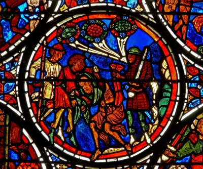 Detail eines Fensters, das das Gleichnis vom barmherzigen Samariter darstellt: die Kleidung des Mannes wird gestohlen (Detail) von French School