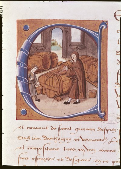 Detail einer historisierten Initiale mit einer Illustration eines Winzers bei der Arbeit, aus dem 