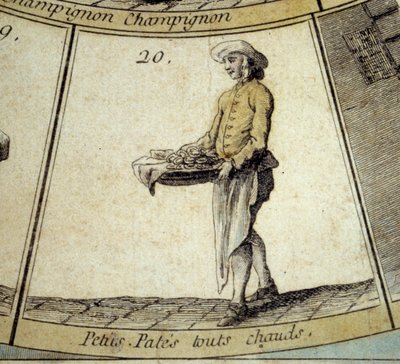 Detail des Gänsespiels der Schreie von Paris: Händler von heißen kleinen Nudeln. Gravur des 18. Jahrhunderts. Sammlung Depart. von French School