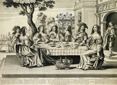 Diners auf einer Terrasse mit einem formalen Garten darunter, graviert von Balthazar Moncornet (ca. 1600-68) von French School