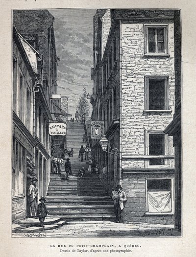 Entdecke Kanada: Rue du Peute Champlain in Quebec. Zeichnung von Taylor nach einem Foto. Gravur aus dem Ende des 19. Jahrhunderts in 