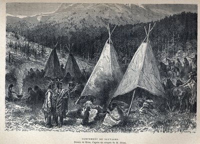 Entdeckung Kanadas: Indianerlager mit Tipis. Zeichnung von Riou nach einer Skizze von Dixon. Gravur aus dem späten 19. Jahrhundert in „La nouvelle France“ von Eugène Guénin von French School