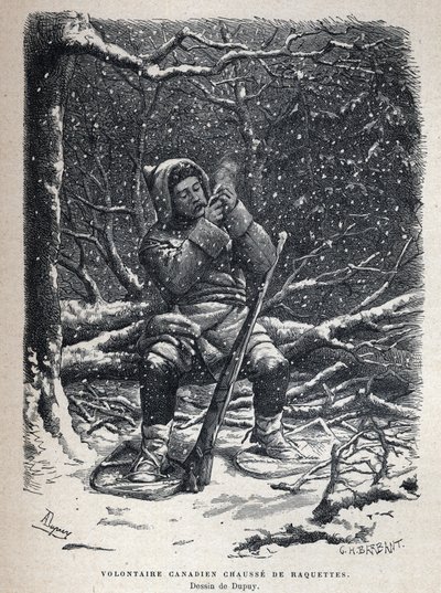 Entdeckung Kanadas: Freiwilliger der kanadischen Armee mit Schneeschuhen. Zeichnung von Dupuy. Gravur aus dem späten 19. Jahrhundert in La Nouvelle France von Eugene Guenin von French School