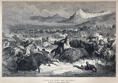 Entdeckung Kanadas: Bisonjagd der Sioux. Zeichnung von Gustave Doré nach Catlin. Gravur aus dem späten 19. Jahrhundert in „La nouvelle France“ von Eugène Guénin von French School