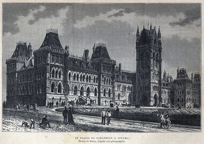 Entdeckung Kanadas: Das Parlamentsgebäude in Ottawa. Zeichnung von Deroy nach einer Fotografie. Gravur aus dem späten 19. Jahrhundert in La Nouvelle France von Eugene Guenin von French School