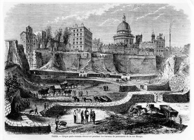 Entdeckung des gallo-römischen Amphitheaters in Paris während der Bauarbeiten an der Rue Monge, 1869, 1870 von French School