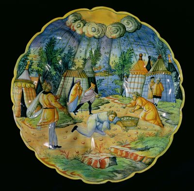 Schale, die das Sammeln von Manna darstellt, hergestellt in Nevers oder Lyon von French School