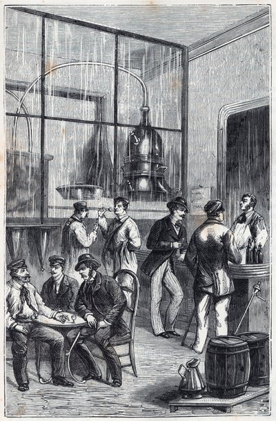 Destillierladen in Paris im 19. Jahrhundert - Gravur in „Wissenschaften für alle zugänglich gemacht - Physik und Chemie“ von Alexis Clerc - Ende 19. Jahrhundert - Private Sammlung von French School