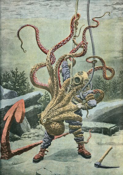 Taucher von einem Oktopus angegriffen von French School