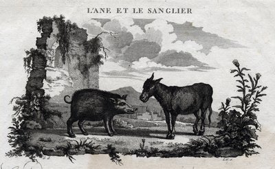 Esel und Wildschwein. Fabel von Äsop. (Griechischer Schriftsteller Äsop, 6. Jahrhundert v. Chr.) Geschrieben von Guillaume Montfort und graviert von Beauble im Jahr 1801. von French School