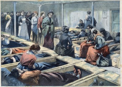 Schlafsaal eines Nachtasyls in London, England, das als Zuflucht für Frauen gilt, in „Le Petit Parisien“. von French School
