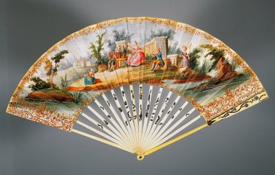 Doppelseitiger Handfächer mit pastoraler Szene, Elfenbein- und Silberrippen von French School
